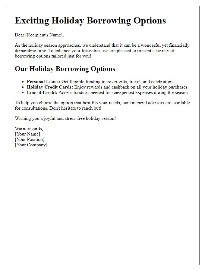 Letter template of holiday borrowing options to enhance your festivities