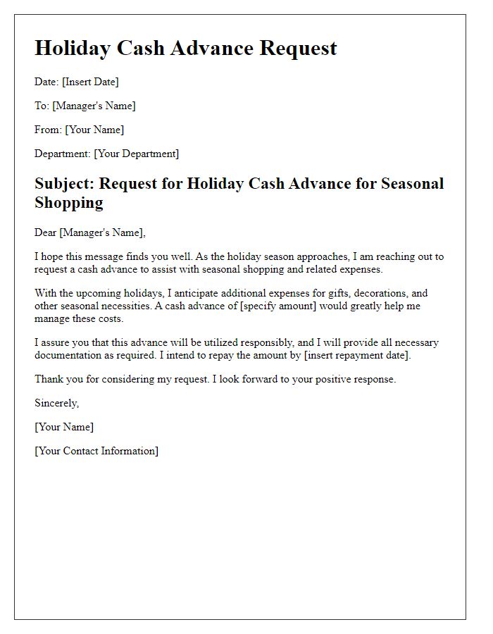 Letter template of holiday cash advances for seasonal shopping