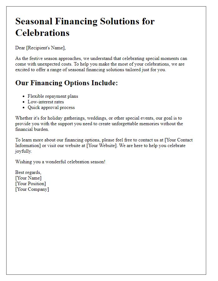 Letter template of seasonal financing solutions for celebrations