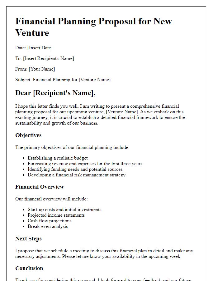 Letter template of financial planning for new ventures