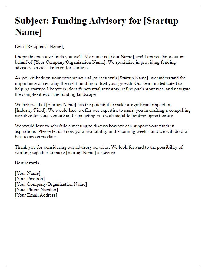 Letter template of funding advisory for startup