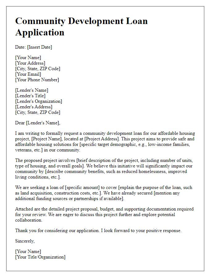 Letter template of community development loan application for affordable housing project.