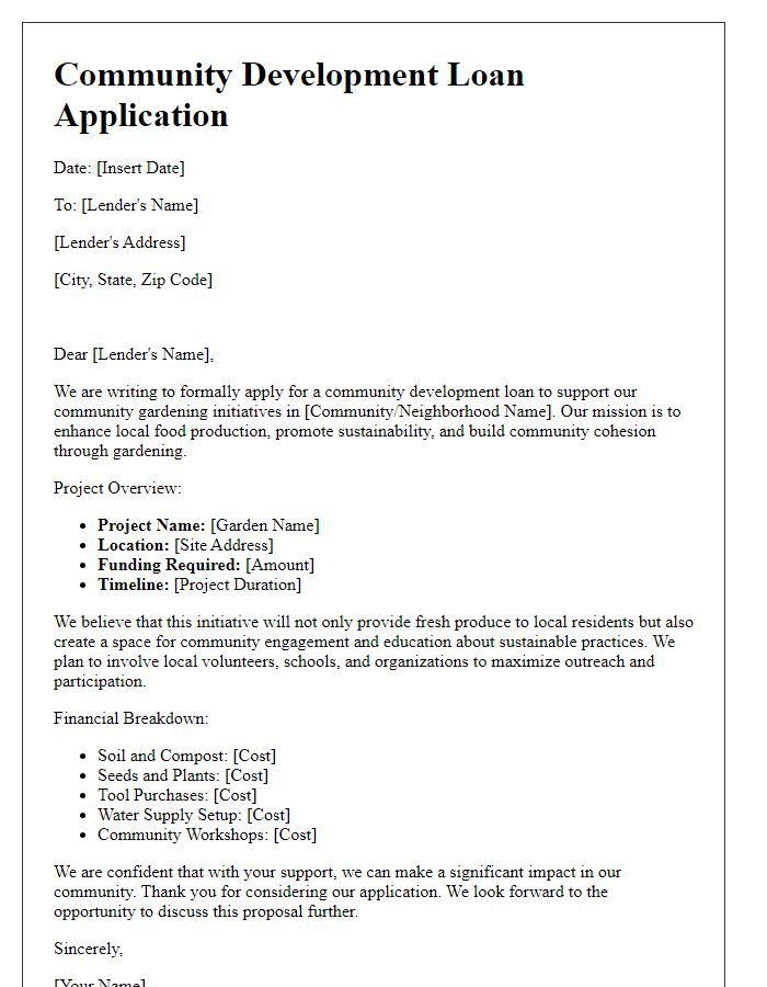 Letter template of community development loan application for community gardening initiatives.