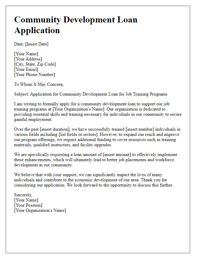 Letter template of community development loan application for job training programs.