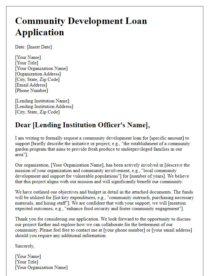 Letter template of community development loan application for local non-profit initiatives.