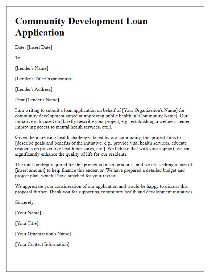 Letter template of community development loan application for public health improvement.