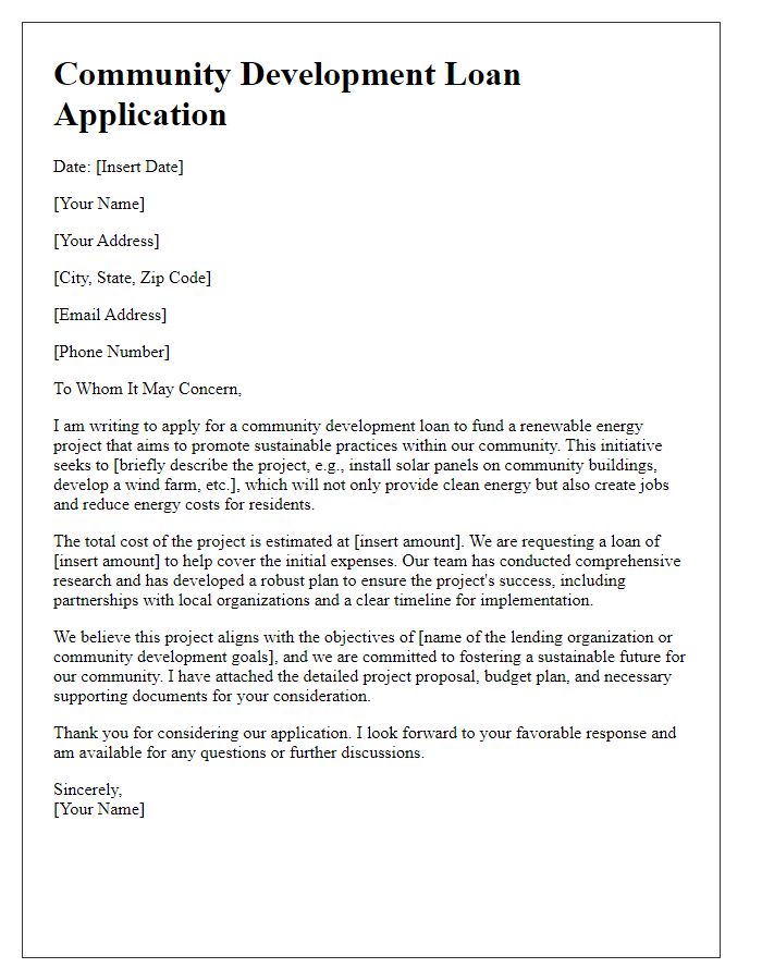 Letter template of community development loan application for renewable energy projects.