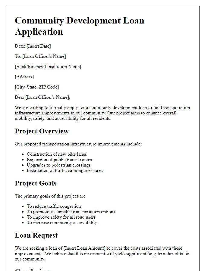 Letter template of community development loan application for transportation infrastructure improvements.