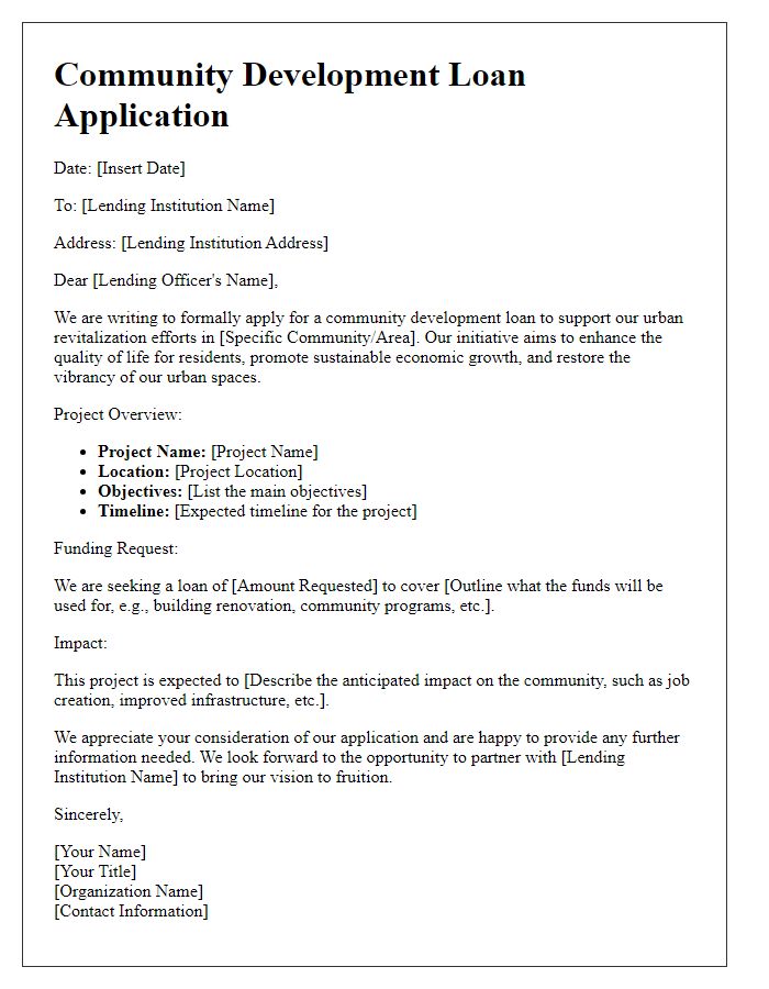 Letter template of community development loan application for urban revitalization efforts.