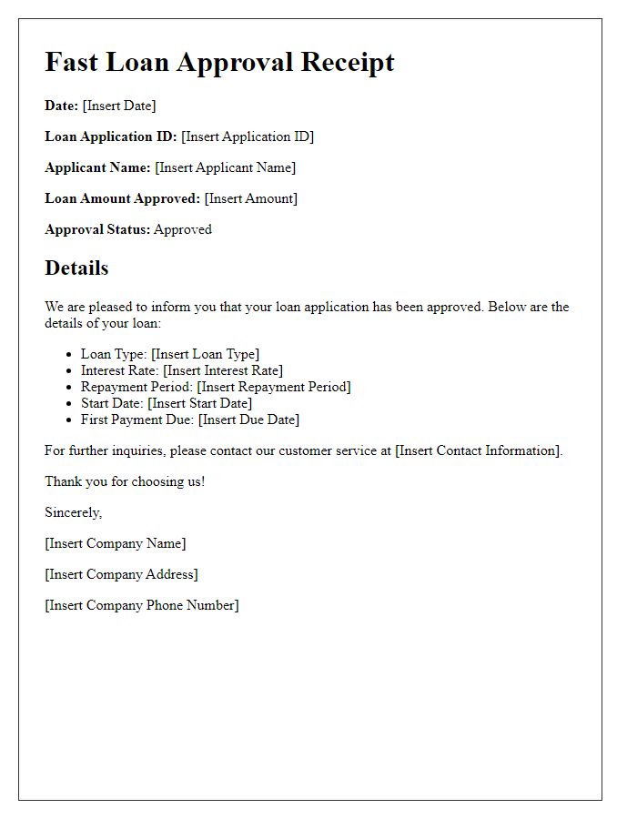 Letter template of fast loan approval receipt.