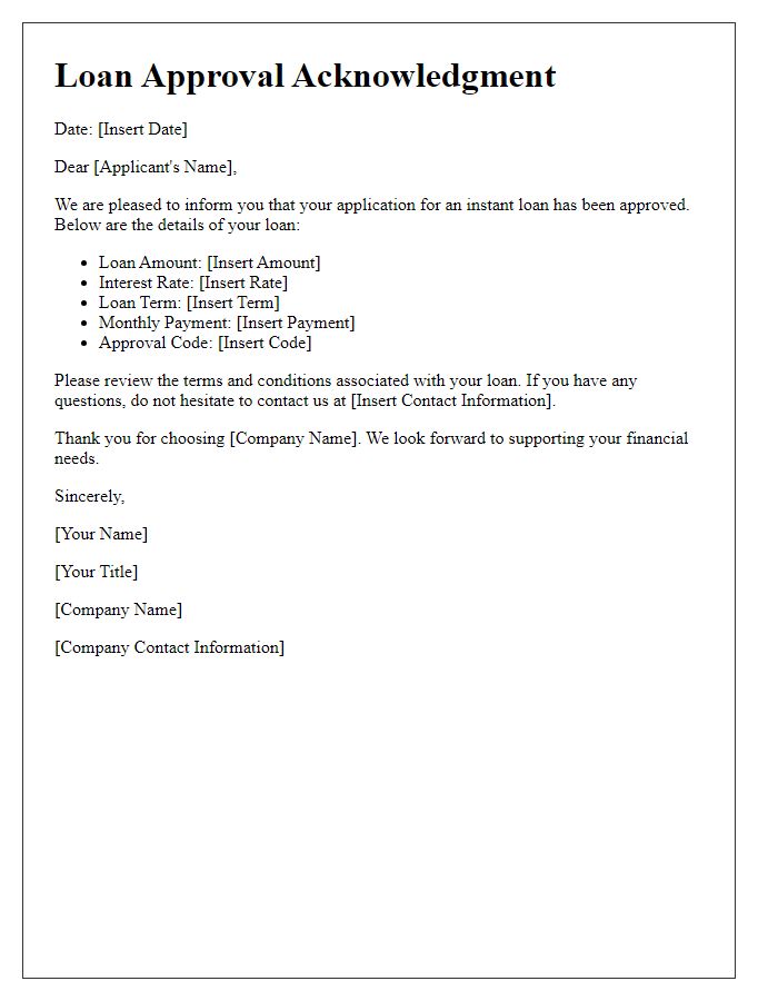 Letter template of instant loan approval acknowledgment.