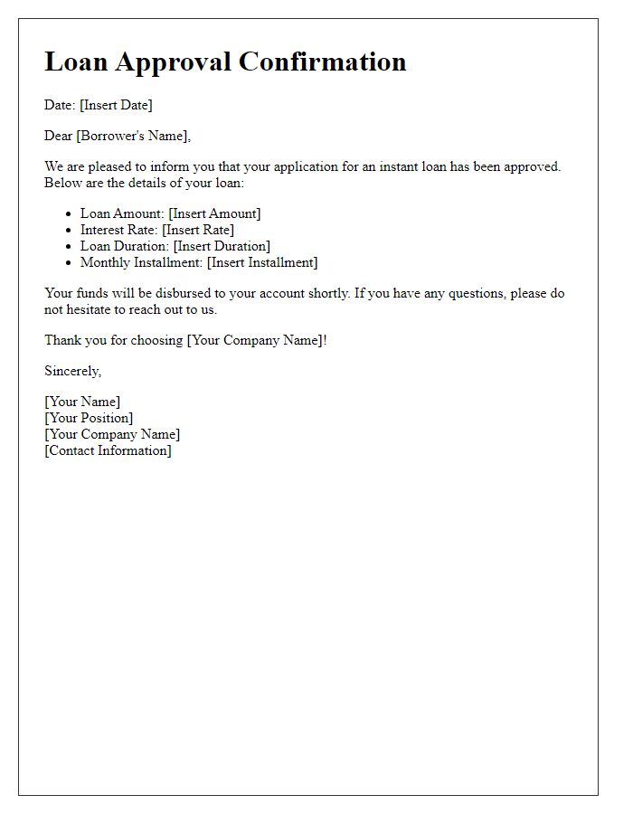 Letter template of instant loan approval confirmation.