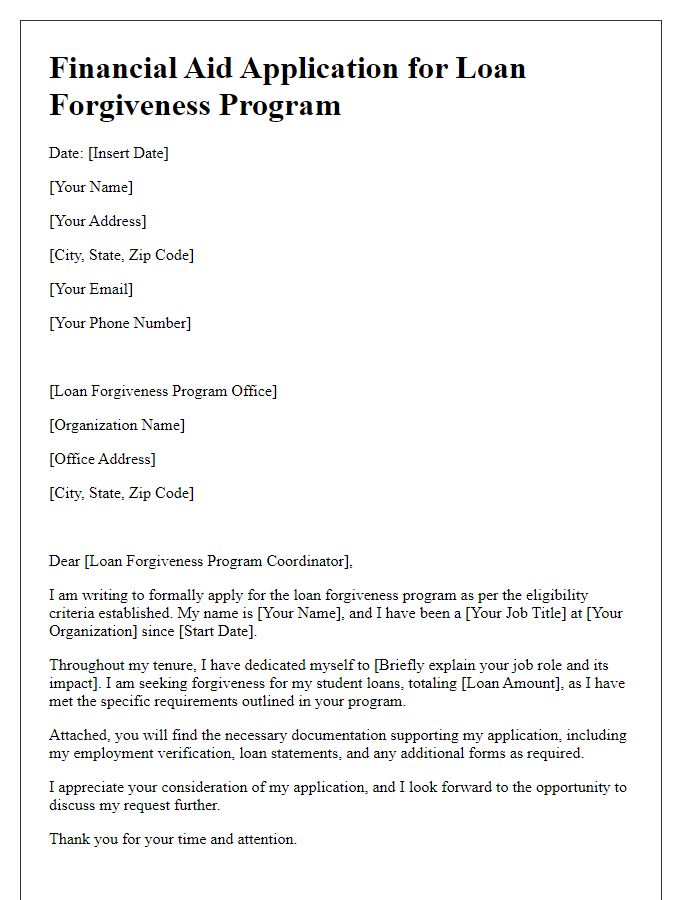 Letter template of financial aid application for loan forgiveness program.