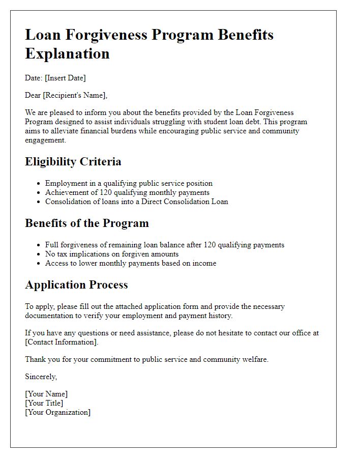 Letter template of loan forgiveness program benefits explanation.
