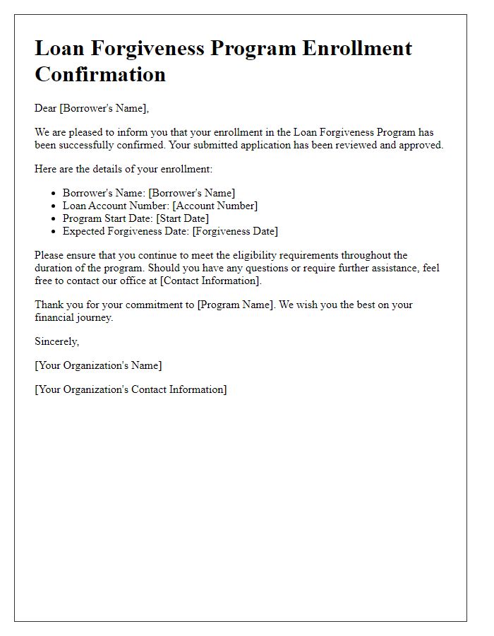 Letter template of loan forgiveness program enrollment confirmation.