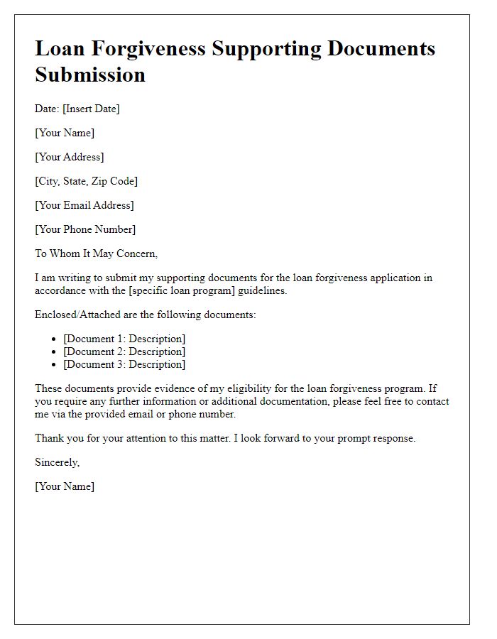 Letter template of supporting documents submission for loan forgiveness.