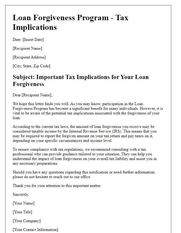 Letter template of tax implications for loan forgiveness program.