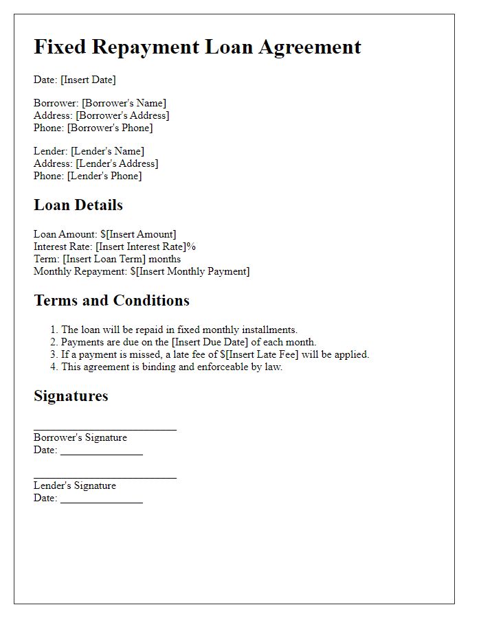 Letter template of fixed repayment loan agreement for personal financing.