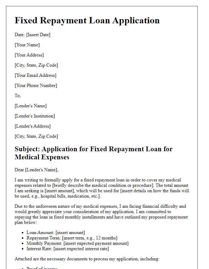 Letter template of fixed repayment loan application for medical expenses.