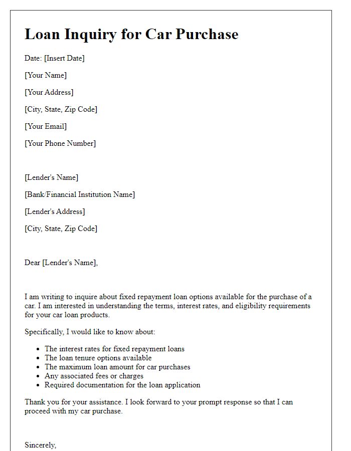 Letter template of fixed repayment loan inquiry for car purchase.