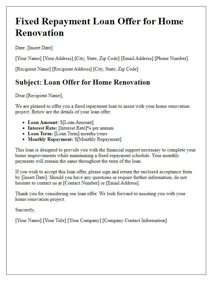 Letter template of fixed repayment loan offer for home renovation.