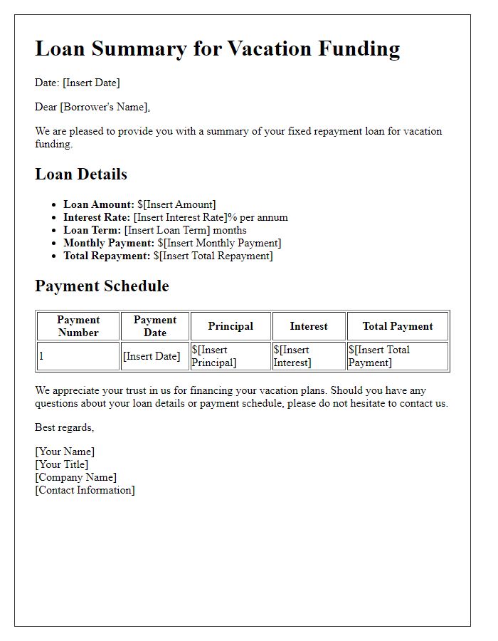 Letter template of fixed repayment loan summary for vacation funding.