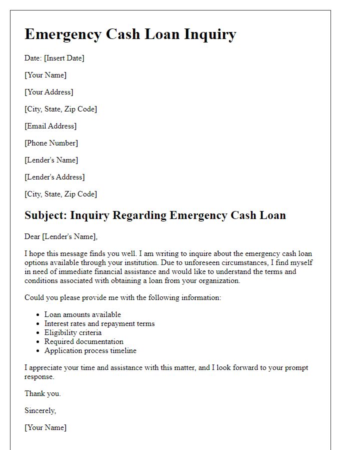 Letter template of emergency cash loan inquiry