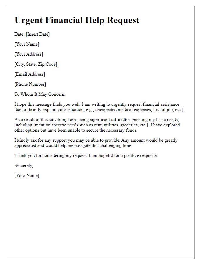 Letter template of urgent financial help request