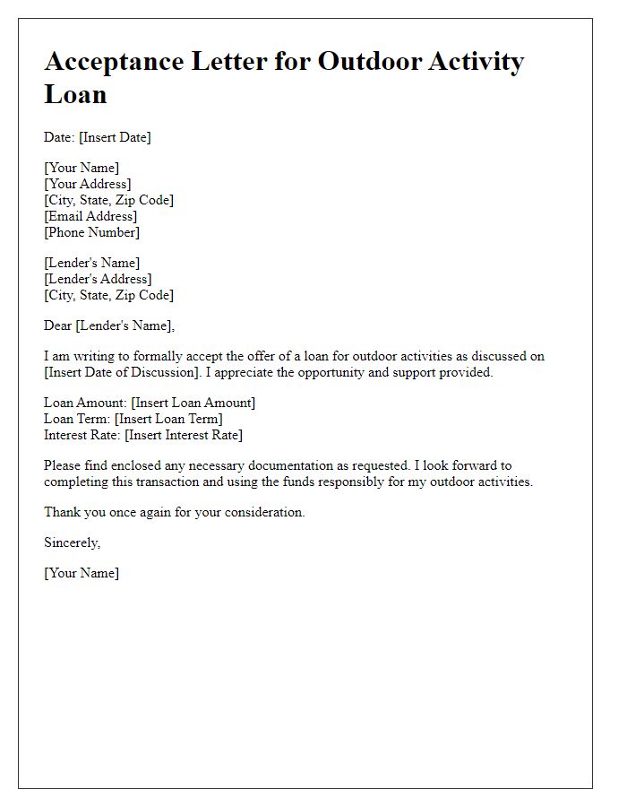 Letter template of acceptance for outdoor activity loan