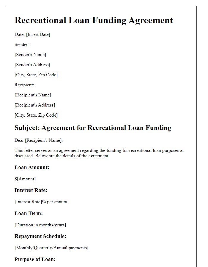 Letter template of agreement for recreational loan funding