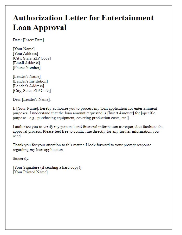 Letter template of authorization for entertainment loan approval