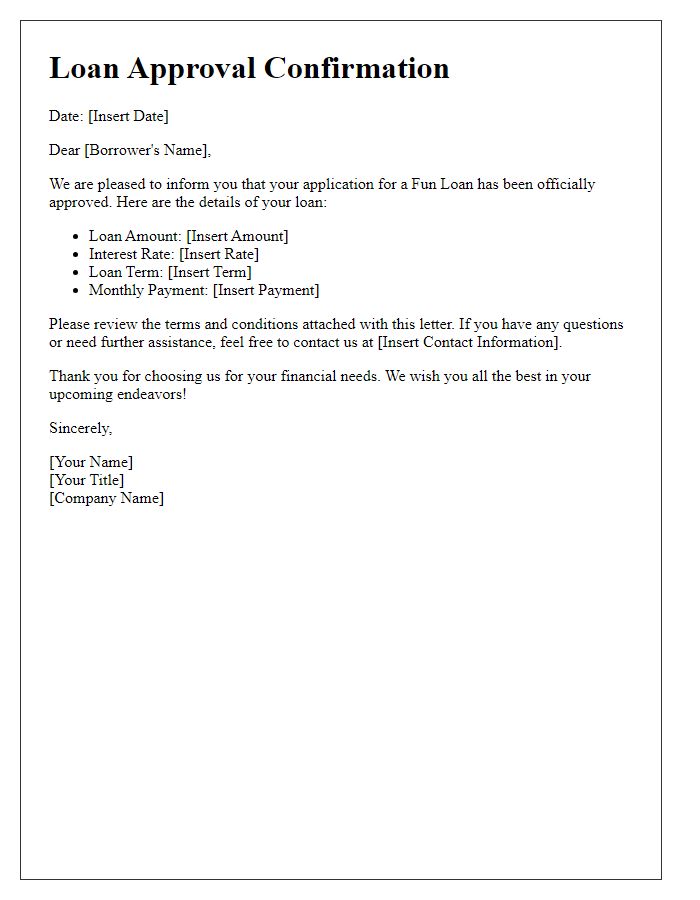 Letter template of confirmation for fun loan approval