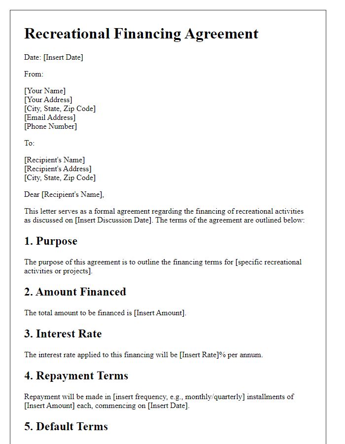 Letter template of recreational financing agreement