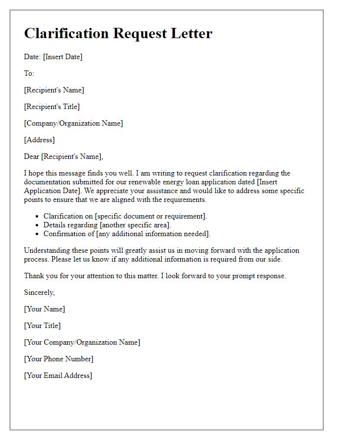 Letter template of clarification request regarding renewable energy loan documentation