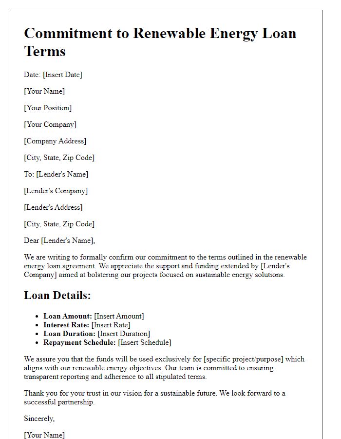 Letter template of commitment to renewable energy loan terms