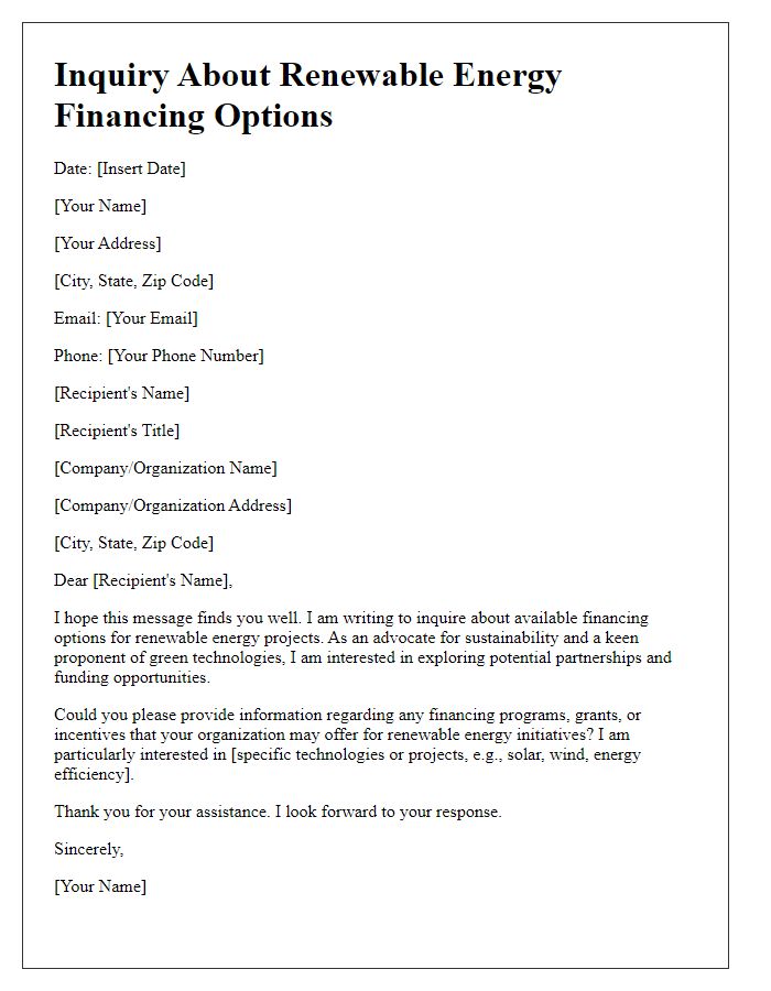 Letter template of inquiry about renewable energy financing options