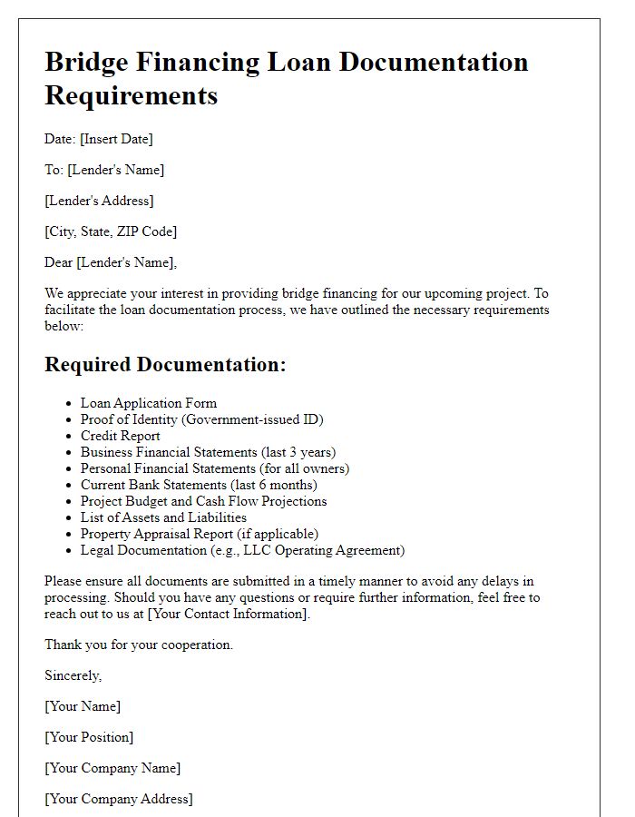 Letter template of bridge financing loan documentation requirements