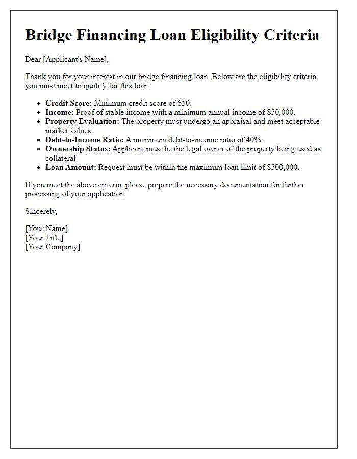 Letter template of bridge financing loan eligibility criteria