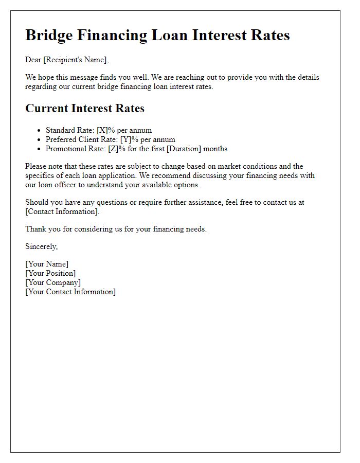 Letter template of bridge financing loan interest rates