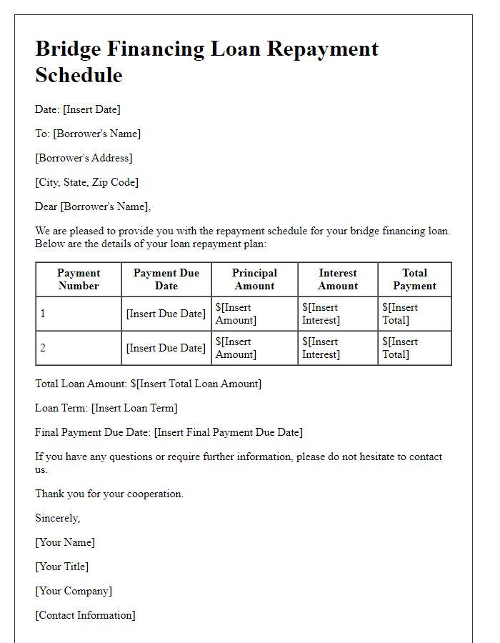 Letter template of bridge financing loan repayment schedule