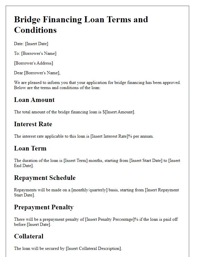 Letter template of bridge financing loan terms and conditions