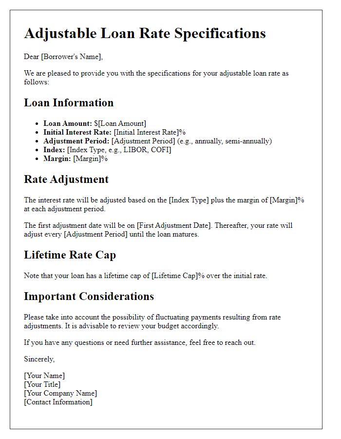 Letter template of Adjustable Loan Rate Specifications