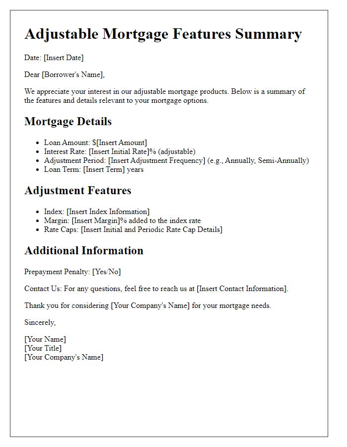 Letter template of Adjustable Mortgage Features Summary