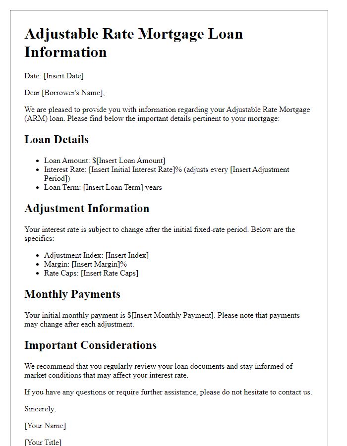 Letter template of Adjustable Rate Mortgage Loan Information