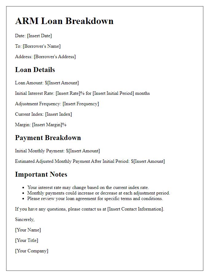 Letter template of ARM Loan Breakdown