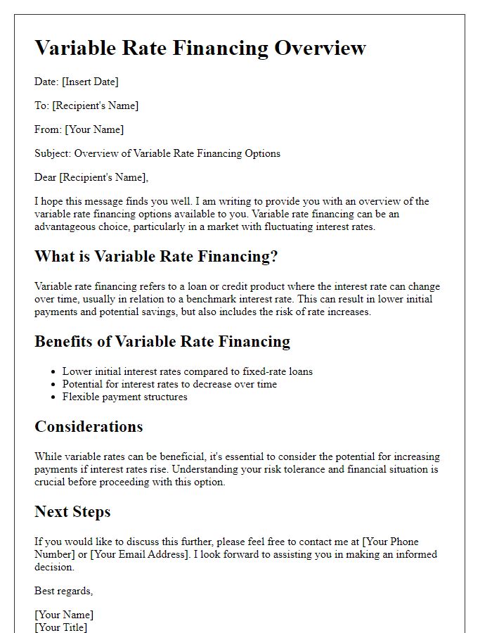 Letter template of Variable Rate Financing Overview