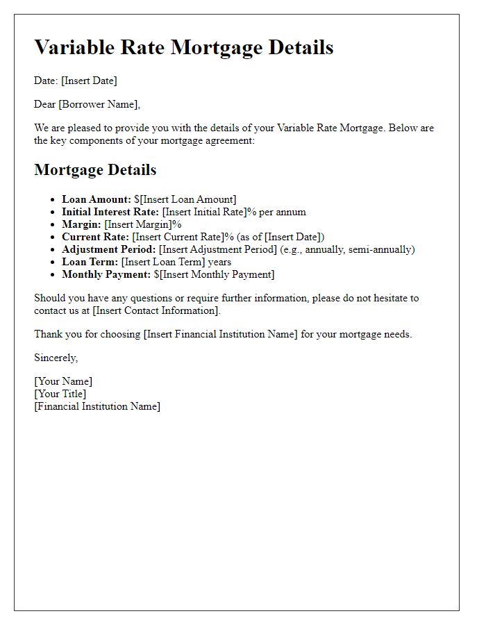 Letter template of Variable Rate Mortgage Details