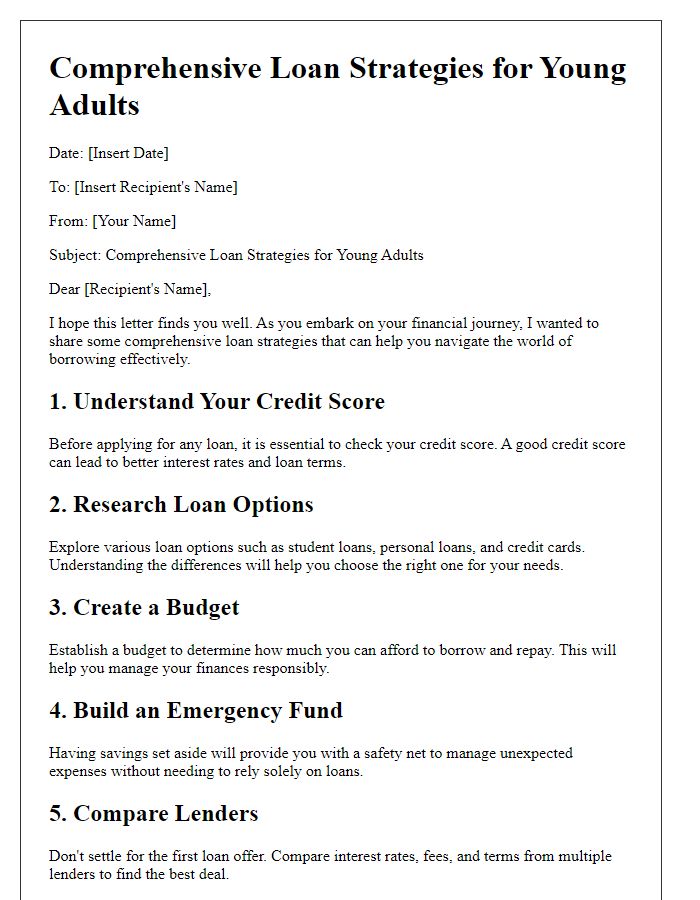 Letter template of comprehensive loan strategies for young adults