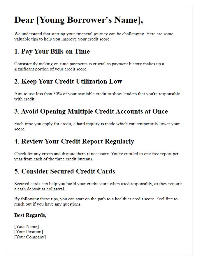 Letter template of credit score improvement tips for young borrowers