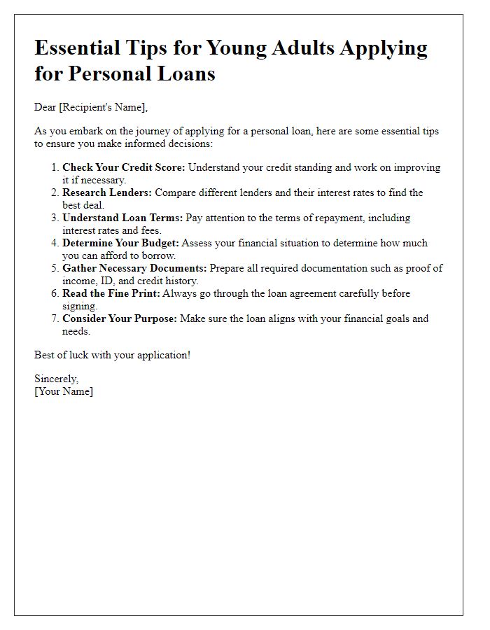 Letter template of essential tips for young adults applying for personal loans